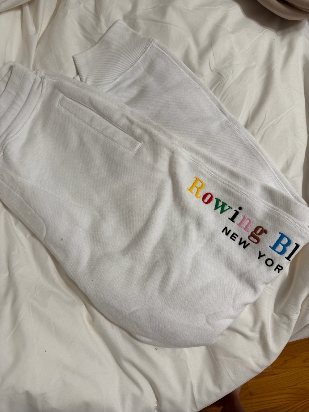 Rowing Blazers White Sweatpants with Multicolor Logo
